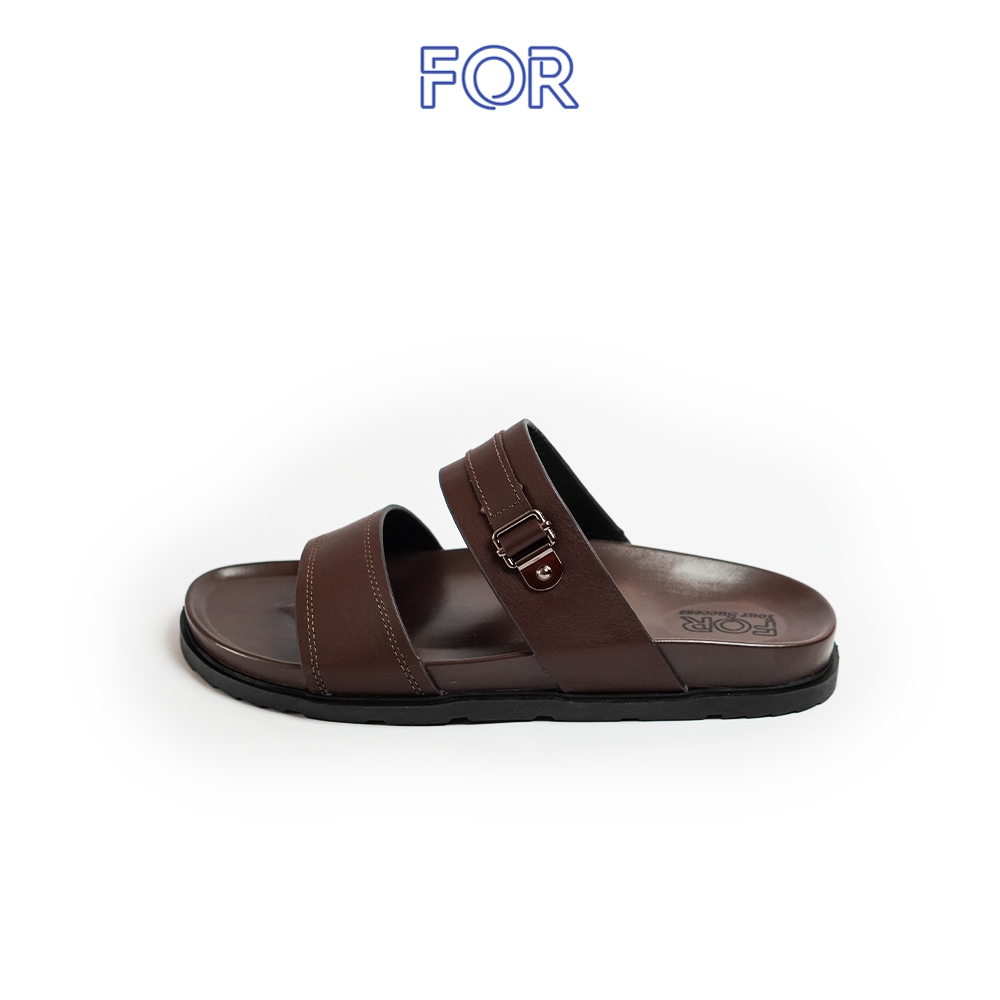 DÉP HAI QUAI NGANG DA BÒ CÓ VIỀN CHỈ MÀU NÂU DHQ14