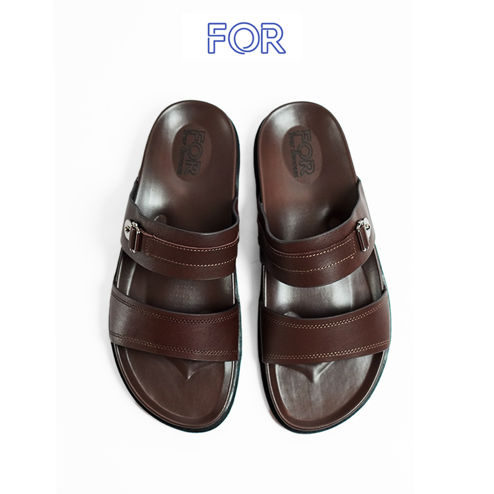 DÉP HAI QUAI NGANG DA BÒ CÓ VIỀN CHỈ MÀU NÂU DHQ14